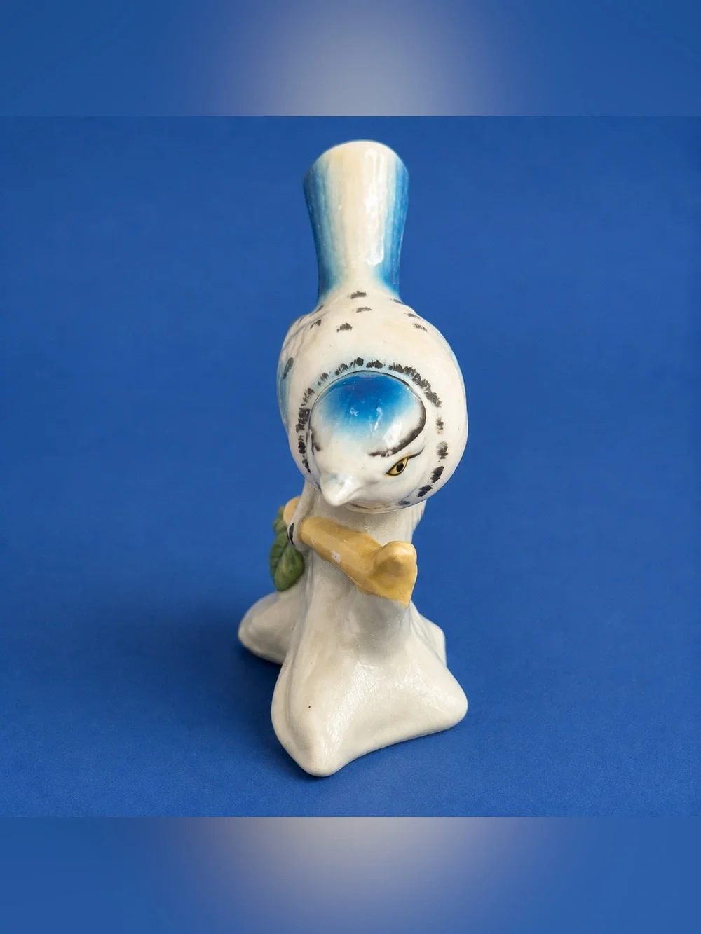 Vintage Hand-Painted Blue Bird Porcelain Figurine on Tree Stump – Songbird